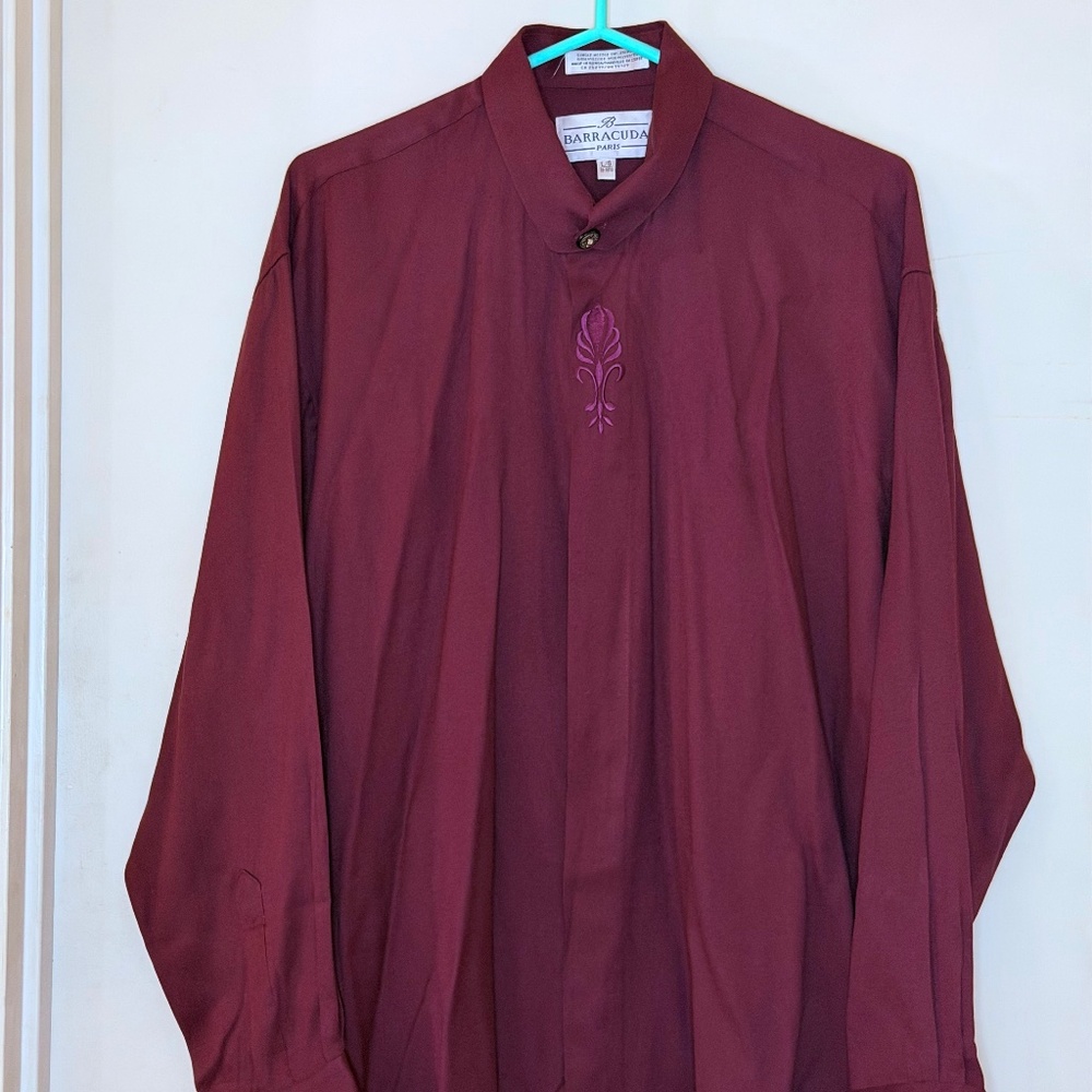 Barracuda Paris Men’s Burgundy Dress Shirt with Embroidered Collar